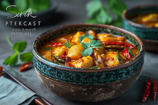 Photo chicken red curry in a bowl with dried chilies