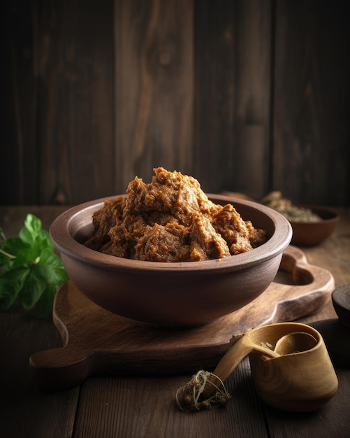 Chicken rendang served with pot