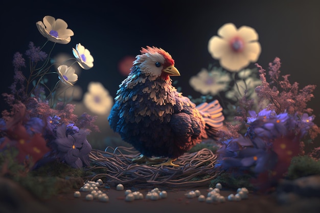 A Chicken Resting in a Nest Made of Flowers