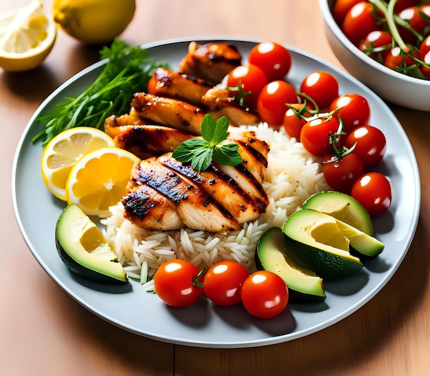 Chicken and Rice Plate with Colorful Garnishes