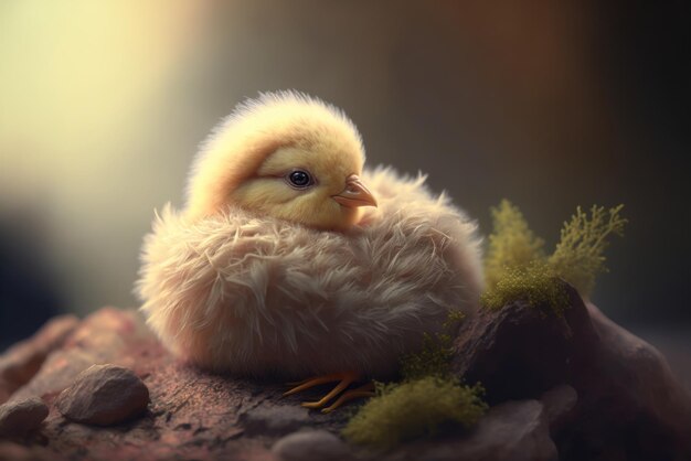 A chicken on a rock with the sun shining on it.