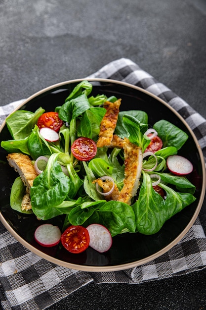 chicken salad meat fresh vegetable tomato radish green leaves lettuce meal food snack