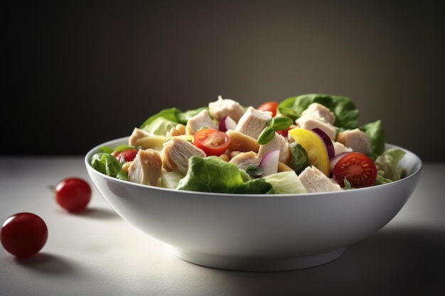 Chicken salad with cherry tomatoes red onion and lettuce in white bowl on dark grey background