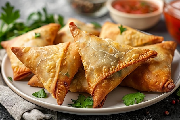 Chicken samosas on a white plate include elements like fresh herbs dipping sauces or garnishes to