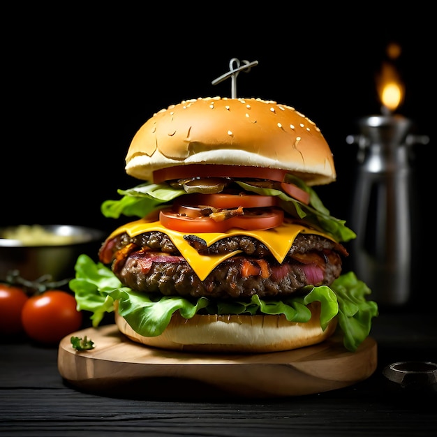 Chicken Sandwich Fresh tasty burger with beef patty on wooden table