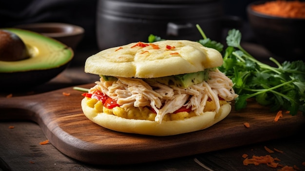 A chicken sandwich with avocado on a wooden board