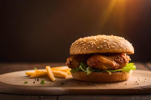 A chicken sandwich with french fries and a basket of fries.