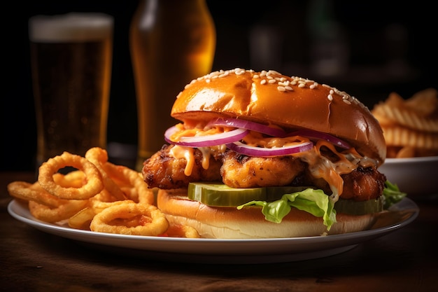 A chicken sandwich with onion rings and a glass of beer