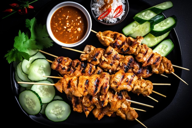 Chicken satay served with spicy peanut sauce on the tray Flat Lay shot created with Generative AI