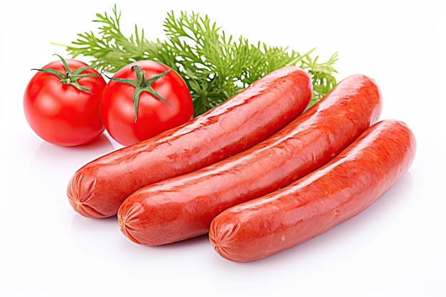 Chicken sausages and tomatoes isolated on white