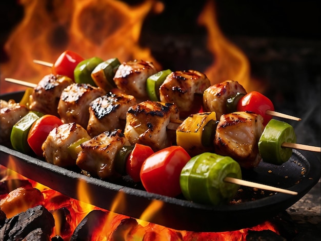 chicken shashlik with fire red and black background