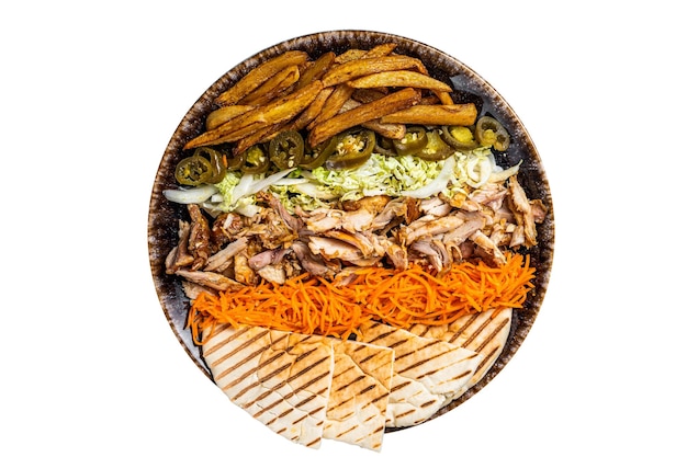 Photo chicken shawarma doner kebab on a plate with french fries vegetables and salad isolated on white background