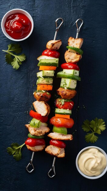 Photo chicken shish kebab with vegetables ketchup mayonnaise top view