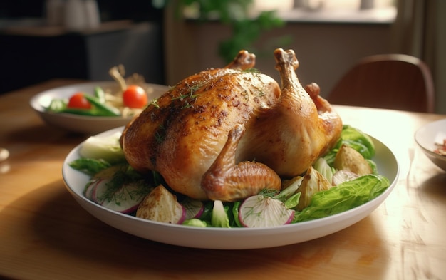 A chicken sits on a plate with vegetables and a salad on it.