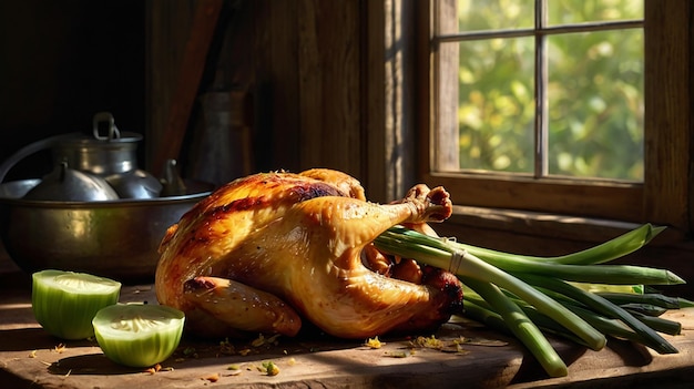 Photo a chicken sits on a table with a pan of food