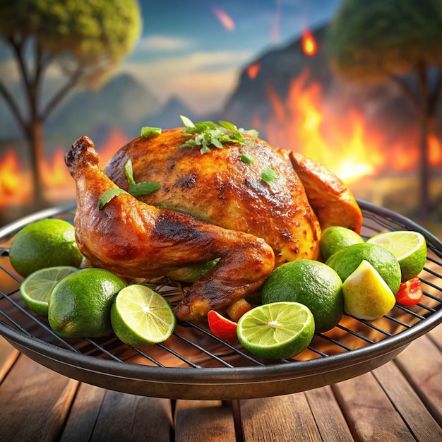 Photo a chicken sits on a tray with limes and limes