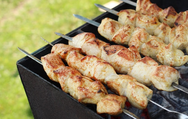 Chicken on skewer fried on the grill in nature in the summer