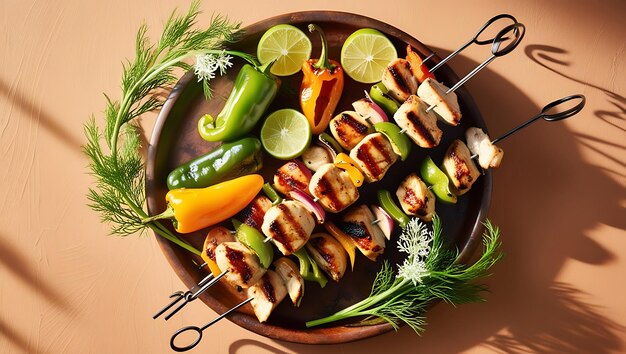 Chicken skewers grilled to perfection resting on a rustic wooden platter