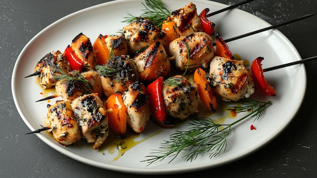 Chicken skewers paired with sweet pepper slices and dill garnish