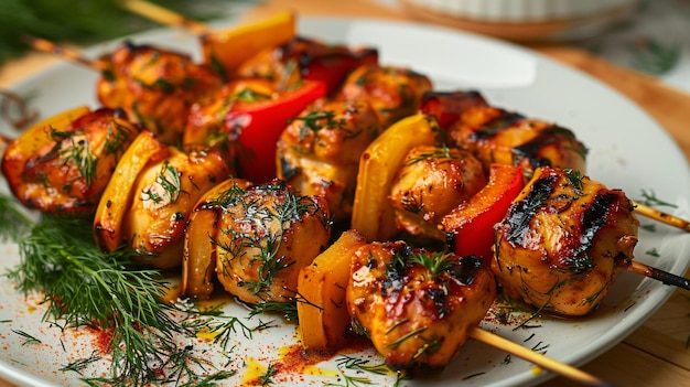 Chicken skewers paired with sweet pepper slices and dill garnish