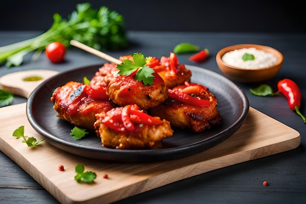 Chicken skewers on a plate with a bowl of sauce and parsley on the side