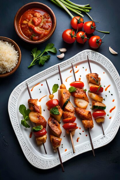 Chicken skewers platter with tomatoes and sauce