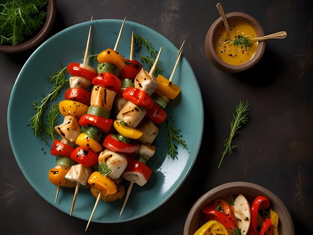 Photo chicken skewers with slices of sweet peppers and dill tasty food