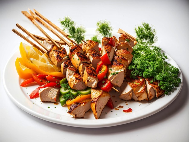 Chicken skewers with slices of sweet peppers and dill on a white plate