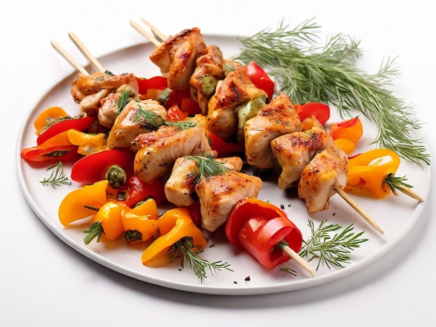 Chicken skewers with slices of sweet peppers and dill with isolated 8K resulation