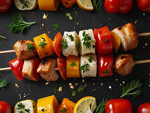 Photo chicken skewers with slices of sweet peppers and dill with isolated 8k resulation