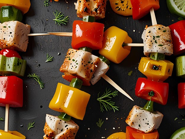 Chicken skewers with slices of sweet peppers and dill with isolated 8K resulation