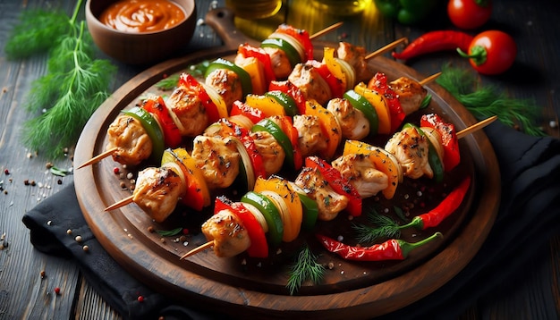 Chicken skewers with slices of sweet peppers and dill