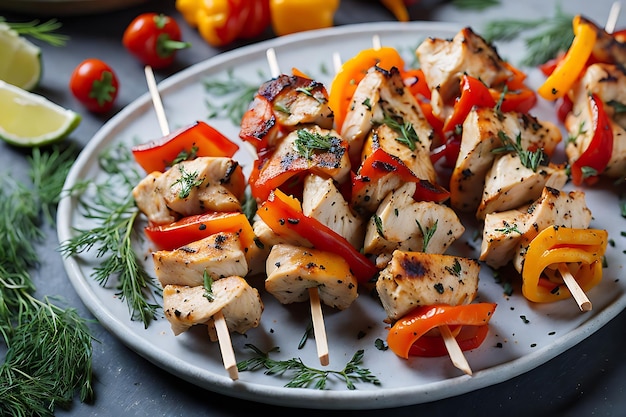 chicken skewers with slices of sweet peppers and dill