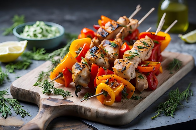 chicken skewers with slices of sweet peppers and dill