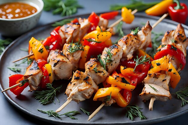 chicken skewers with slices of sweet peppers and dill