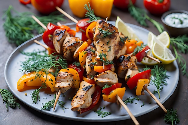 chicken skewers with slices of sweet peppers and dill