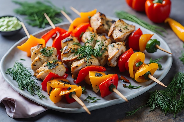 chicken skewers with slices of sweet peppers and dill