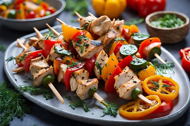 chicken skewers with slices of sweet peppers and dill