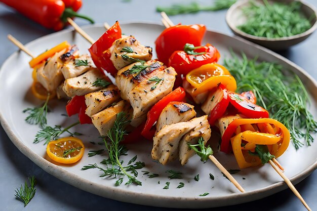 chicken skewers with slices of sweet peppers and dill