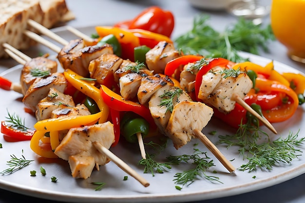 chicken skewers with slices of sweet peppers and dill