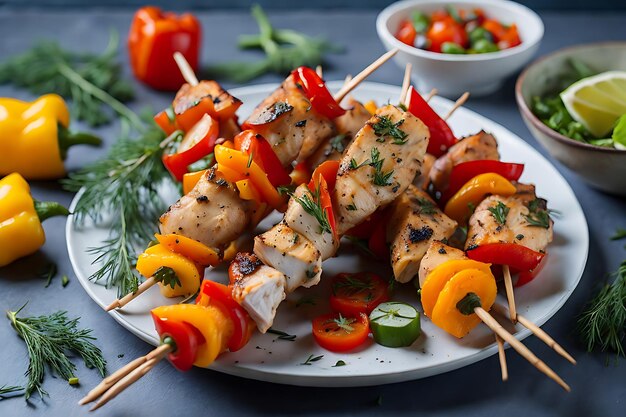 chicken skewers with slices of sweet peppers and dill