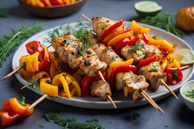 chicken skewers with slices of sweet peppers and dill