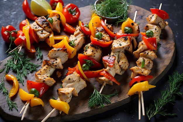 chicken skewers with slices of sweet peppers and dill