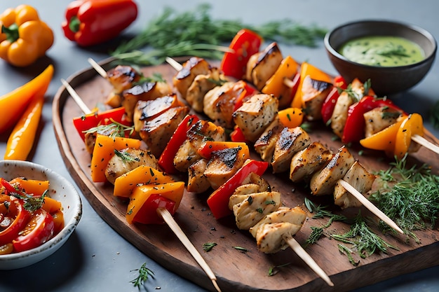 chicken skewers with slices of sweet peppers and dill