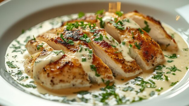 Photo chicken slices mixed with fine herbs and bechamel cream sauce