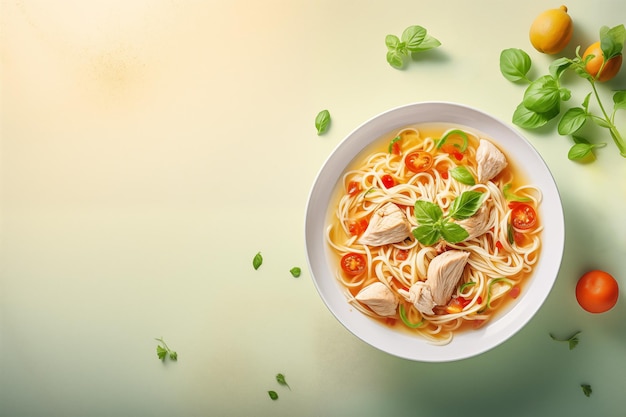 chicken soup with noodles chicken and vegetables top view