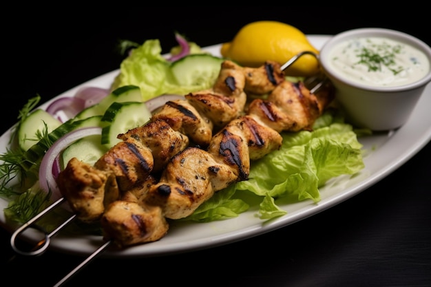 Photo chicken souvlaki with creamy avocado yummy delicious souvlaki food image photography