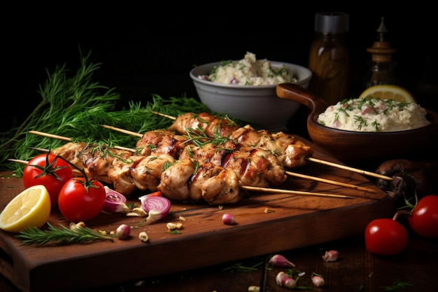 Photo chicken souvlaki with roasted pine nut yummy delicious souvlaki food image photography