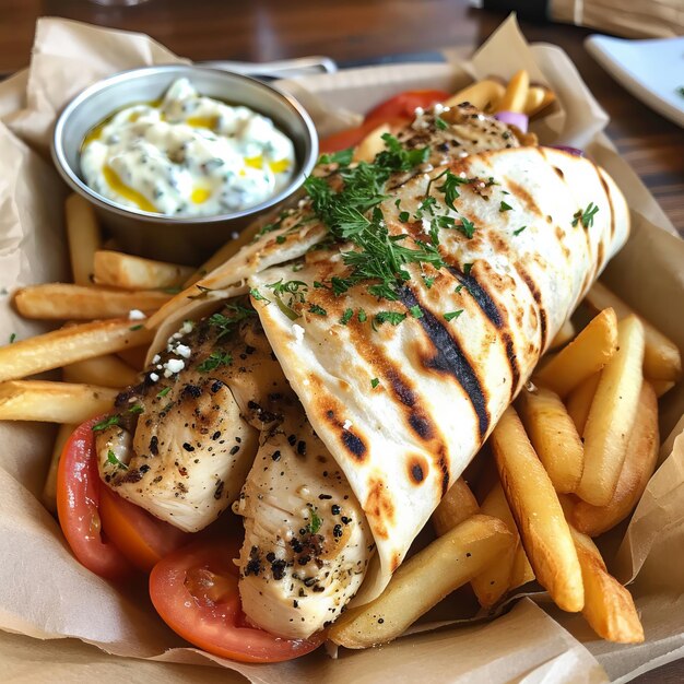 Chicken Souvlaki Wrap lemon marinaded chicken kebab tomatoes onions fries tzatziki 1850 stylize 250 v 6 Job ID 380e652162fe4184a07f7affbe628a73