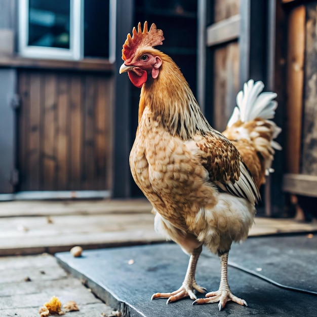 Photo a chicken stands on a black platform in front of a door